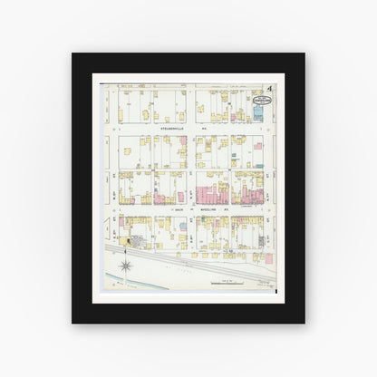 Old map wall art mockup — black gallery frame with white mat — Sanborn Fire Insurance Map from Cambridge, Guernsey County, Ohio (1892), Sheet #0004