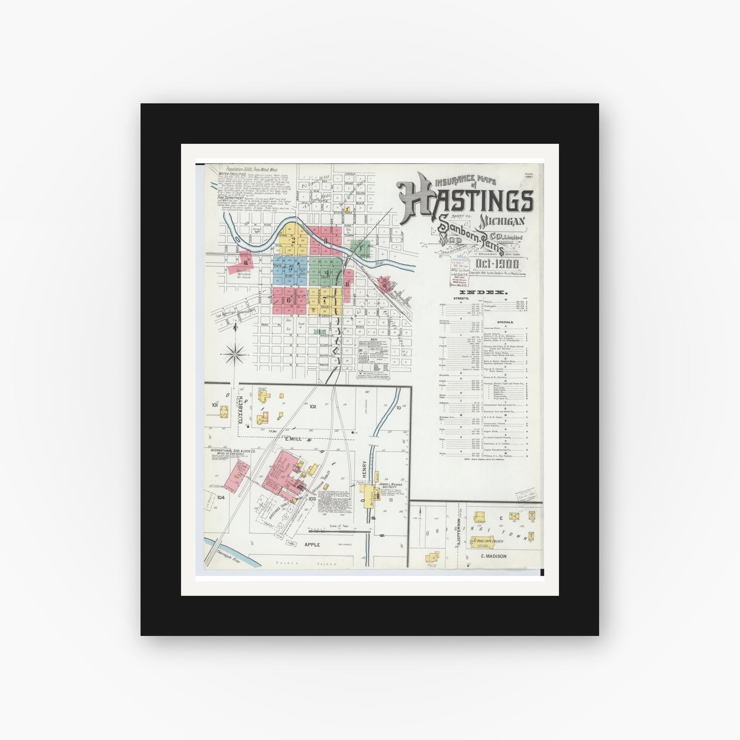 Old map wall art mockup — black gallery frame with white mat — Sanborn Fire Insurance Map from Hastings, Barry County, Michigan (1900), Sheet #0001