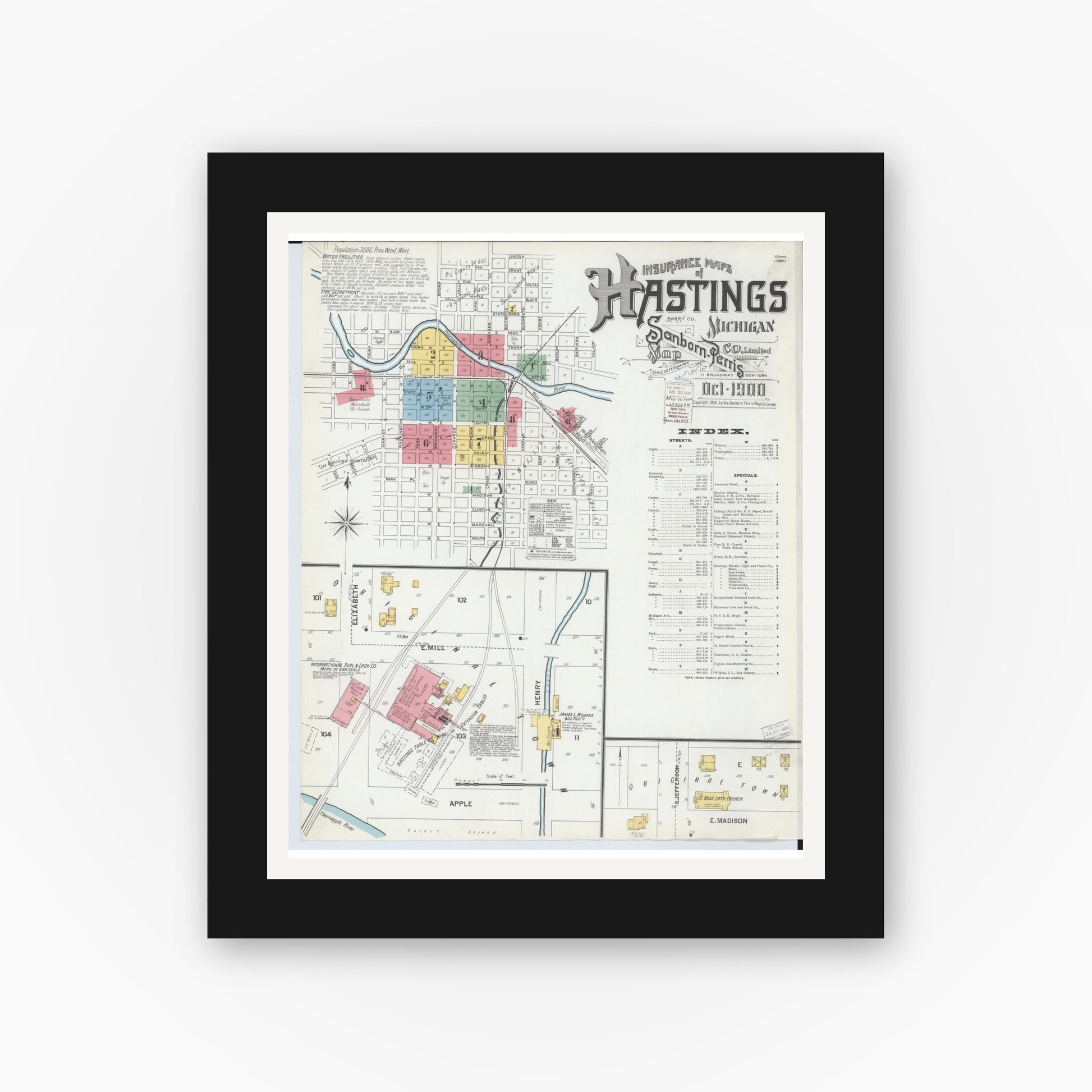Old map wall art mockup — black gallery frame with white mat — Sanborn Fire Insurance Map from Hastings, Barry County, Michigan (1900), Sheet #0001