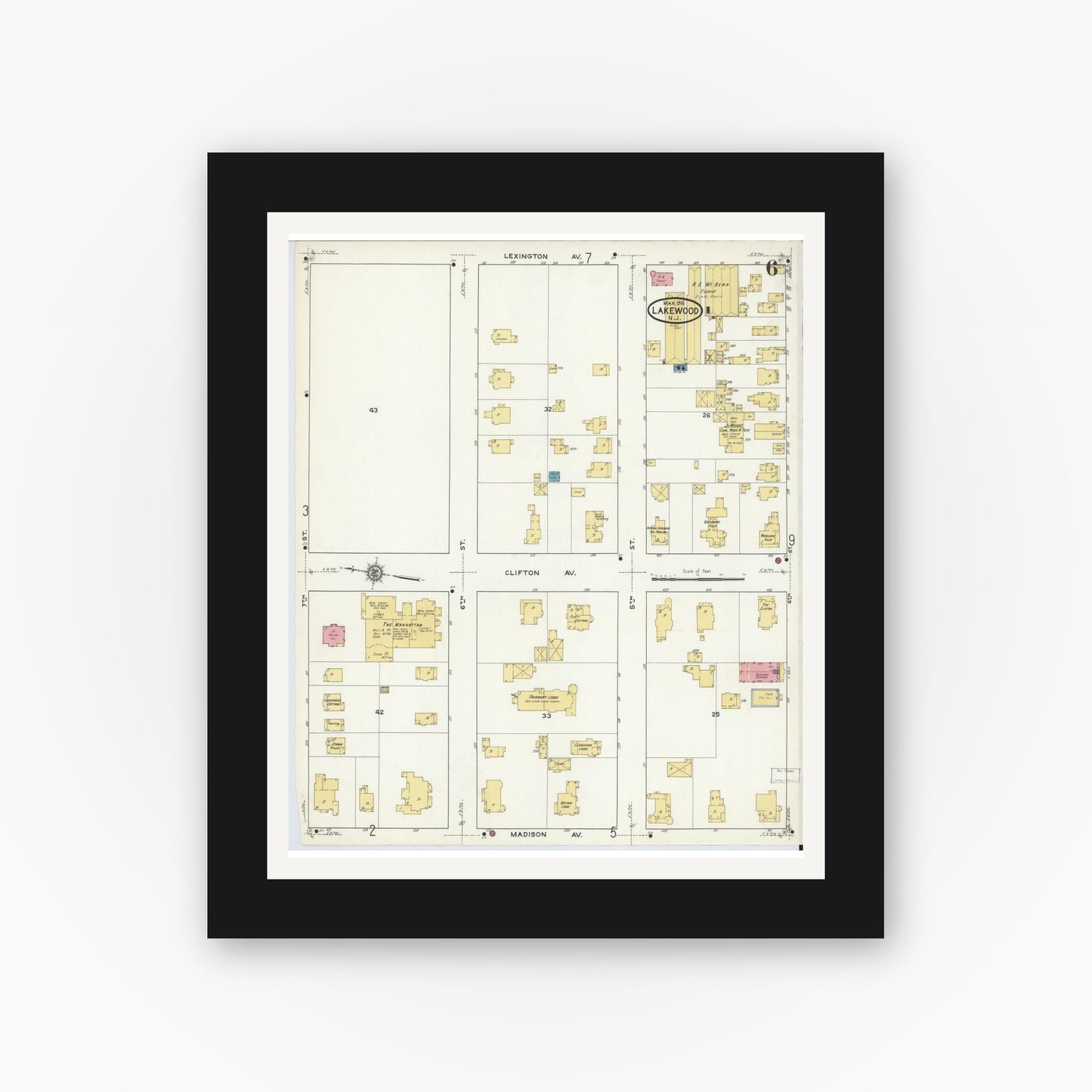 Old map wall art mockup — black gallery frame with white mat — Sanborn Fire Insurance Map from Lakewood, Ocean County, New Jersey (1916), Sheet #0006