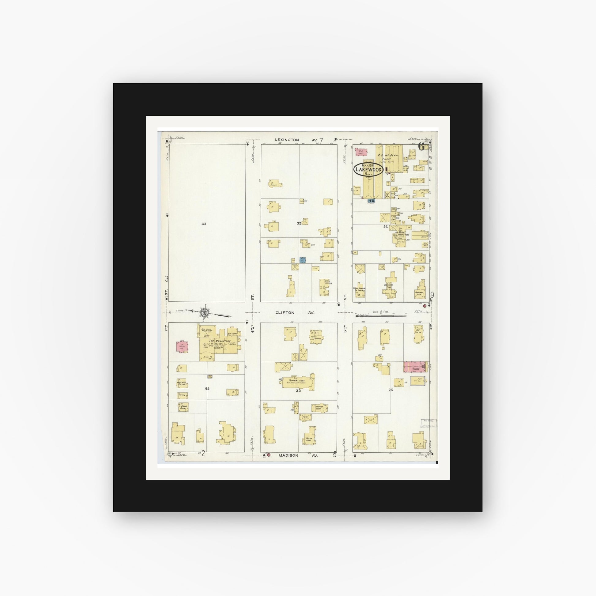 Old map wall art mockup — black gallery frame with white mat — Sanborn Fire Insurance Map from Lakewood, Ocean County, New Jersey (1916), Sheet #0006