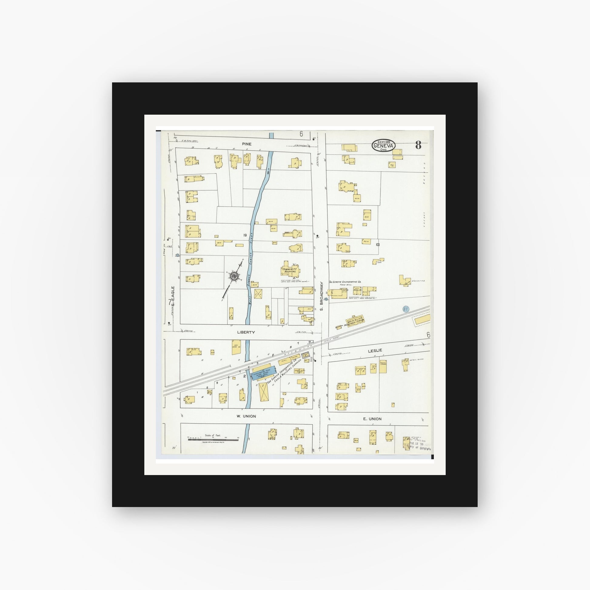 Old map wall art mockup — black gallery frame with white mat — Sanborn Fire Insurance Map from Geneva, Ashtabula County, Ohio (1919), Sheet #0008
