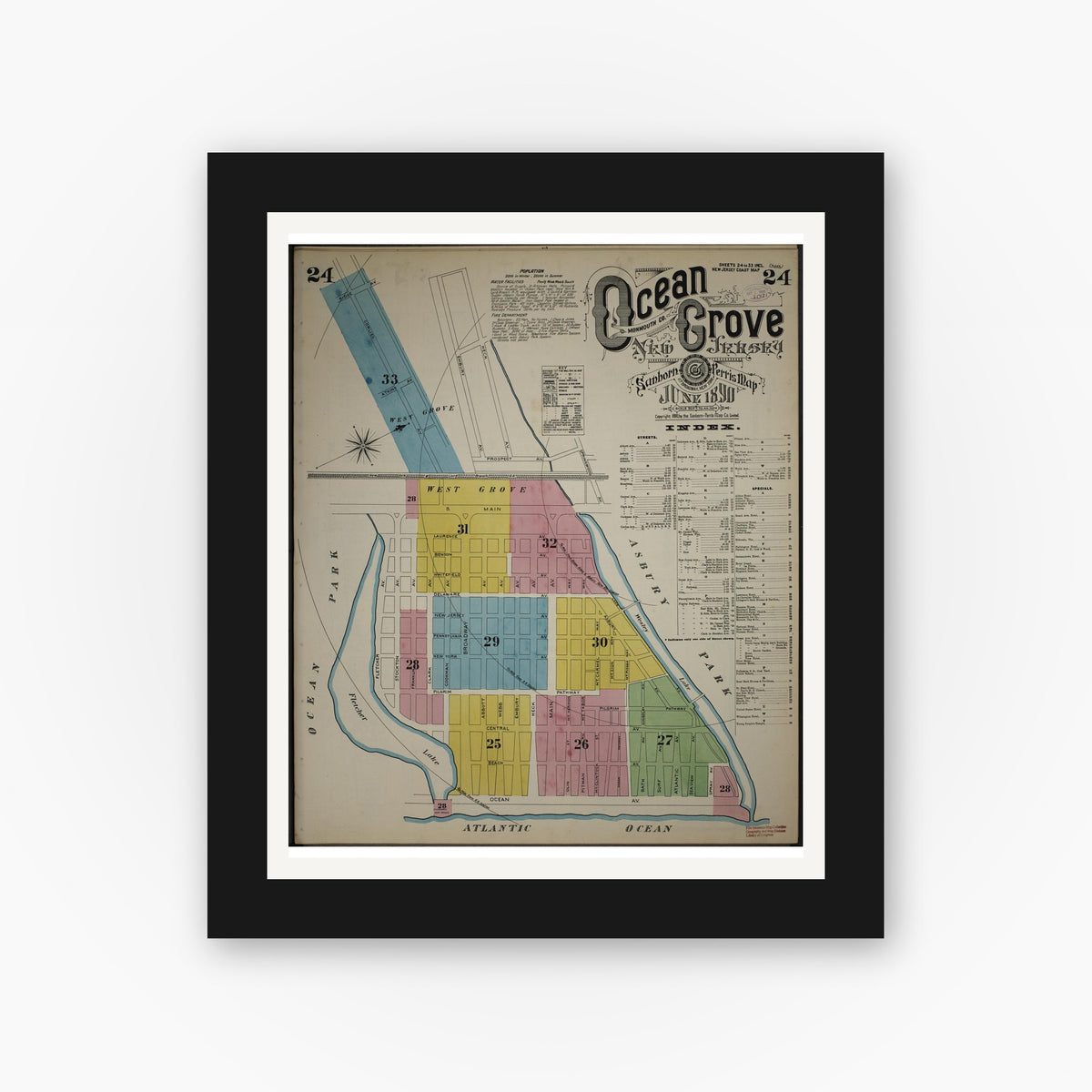 Old map wall art mockup — black gallery frame with white mat — Sanborn Fire Insurance Map from New Jersey Coast, New Jersey Coast, New Jersey (1890), Sheet #0024