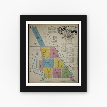 Old map wall art mockup — black gallery frame with white mat — Sanborn Fire Insurance Map from New Jersey Coast, New Jersey Coast, New Jersey (1890), Sheet #0024