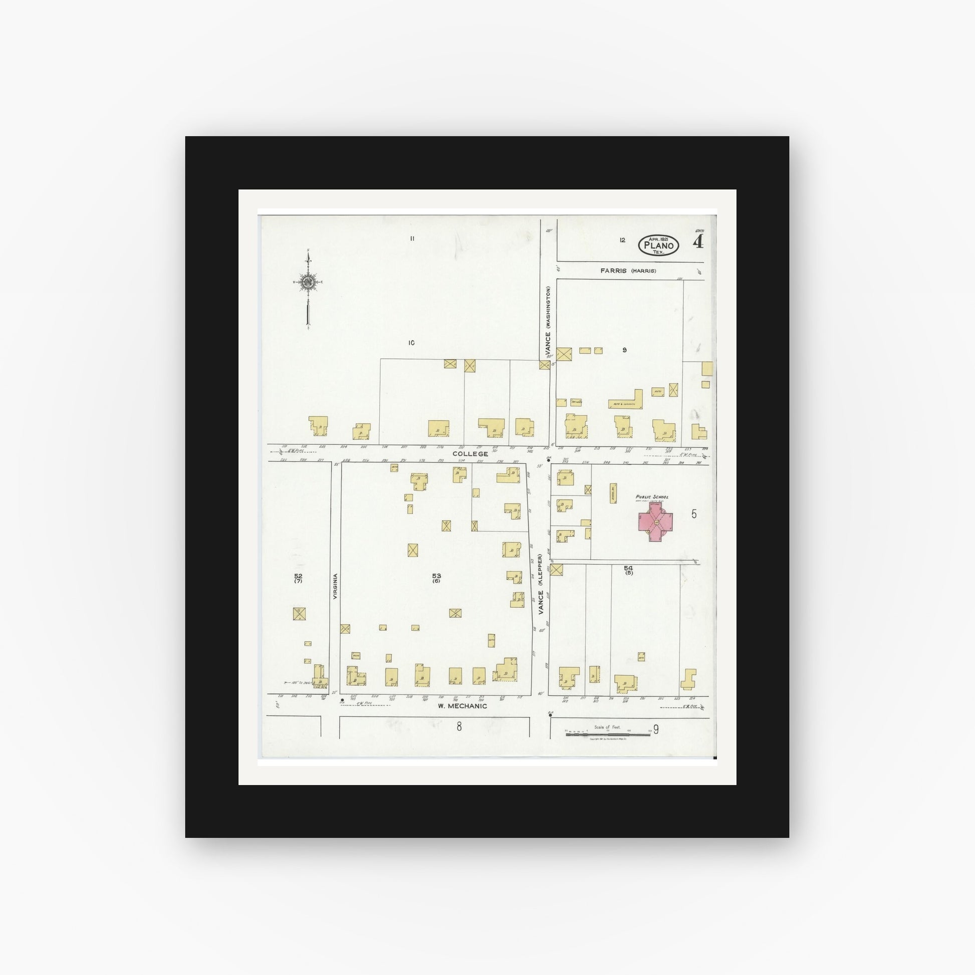 Old map wall art mockup — black gallery frame with white mat — Sanborn Fire Insurance Map from Plano, Collin County, Texas (1921), Sheet #0004