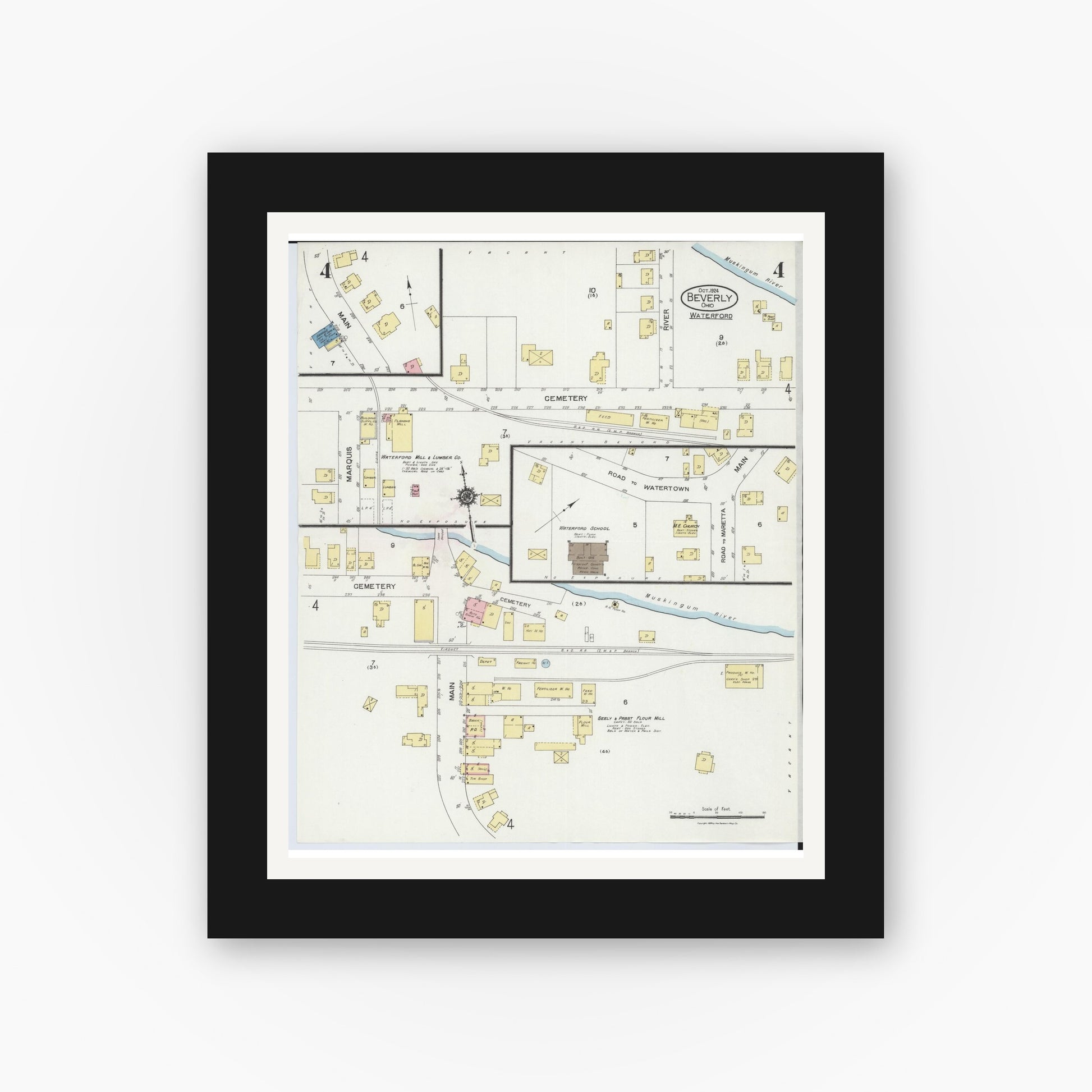 Old map wall art mockup — black gallery frame with white mat — Sanborn Fire Insurance Map from Beverly, Washington County, Ohio (1924), Sheet #0004