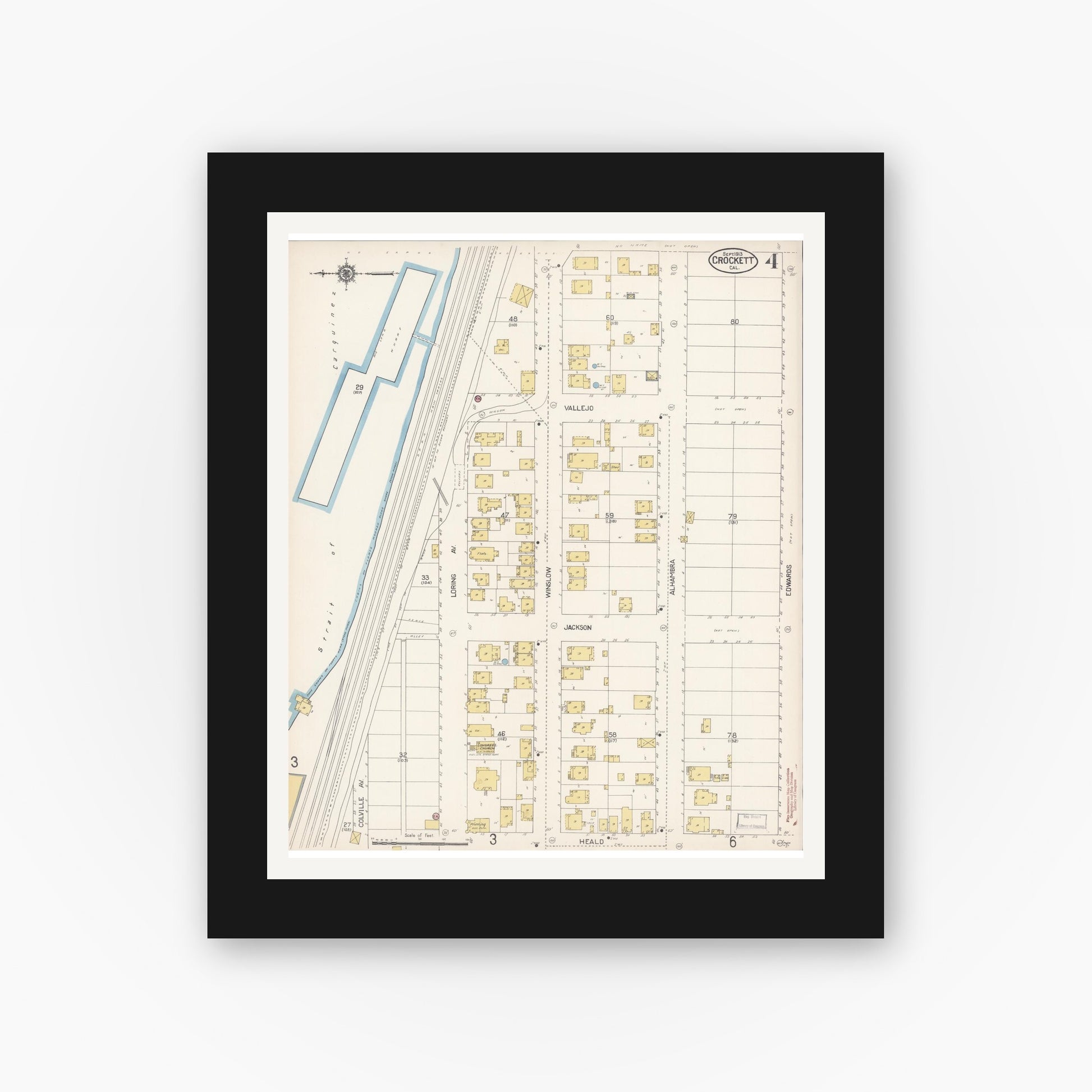 Old map wall art mockup — black gallery frame with white mat — Sanborn Fire Insurance Map from Crockett, Contra Costa County, California (1913), Sheet #0004
