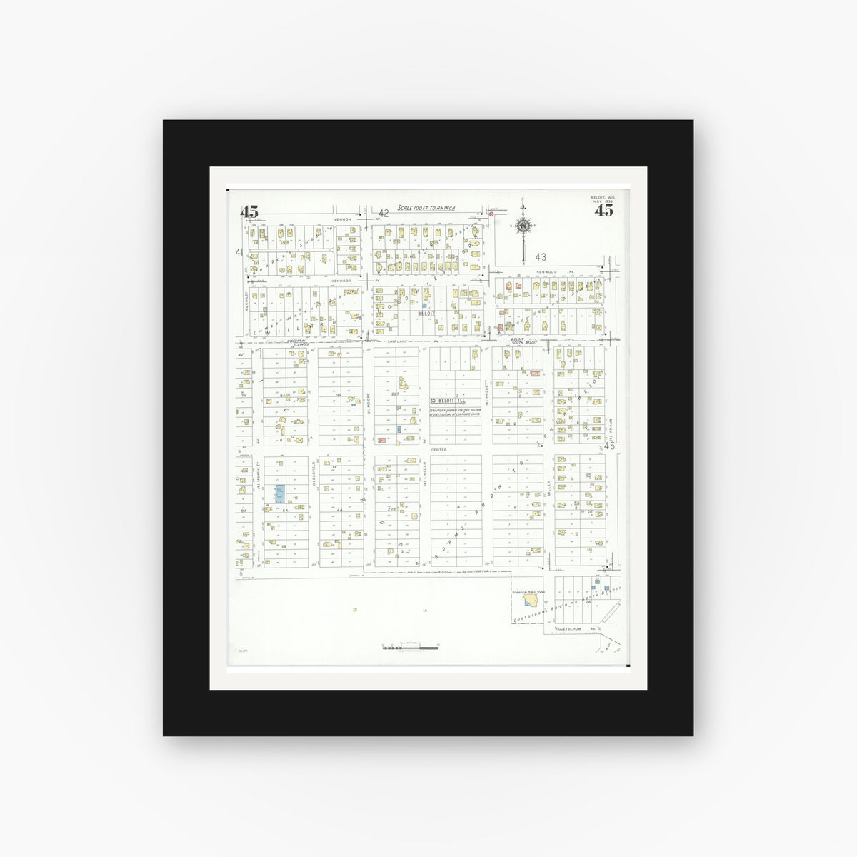 Old map wall art mockup — black gallery frame with white mat — Sanborn Fire Insurance Map from Beloit, Rock County, Wisconsin (1939), Sheet #0045