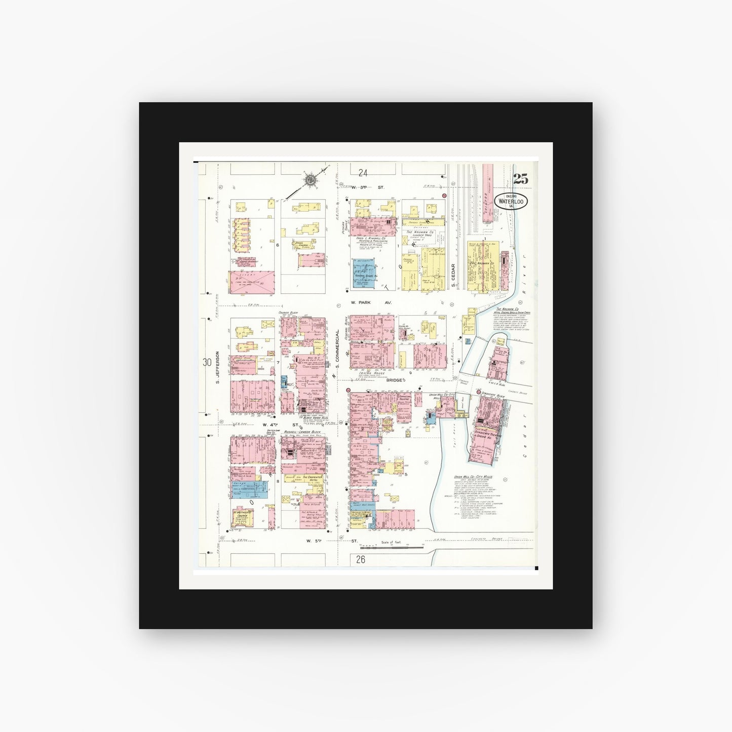 Old map wall art mockup — black gallery frame with white mat — Sanborn Fire Insurance Map from Waterloo, Black Hawk County, Iowa (1910), Sheet #0025