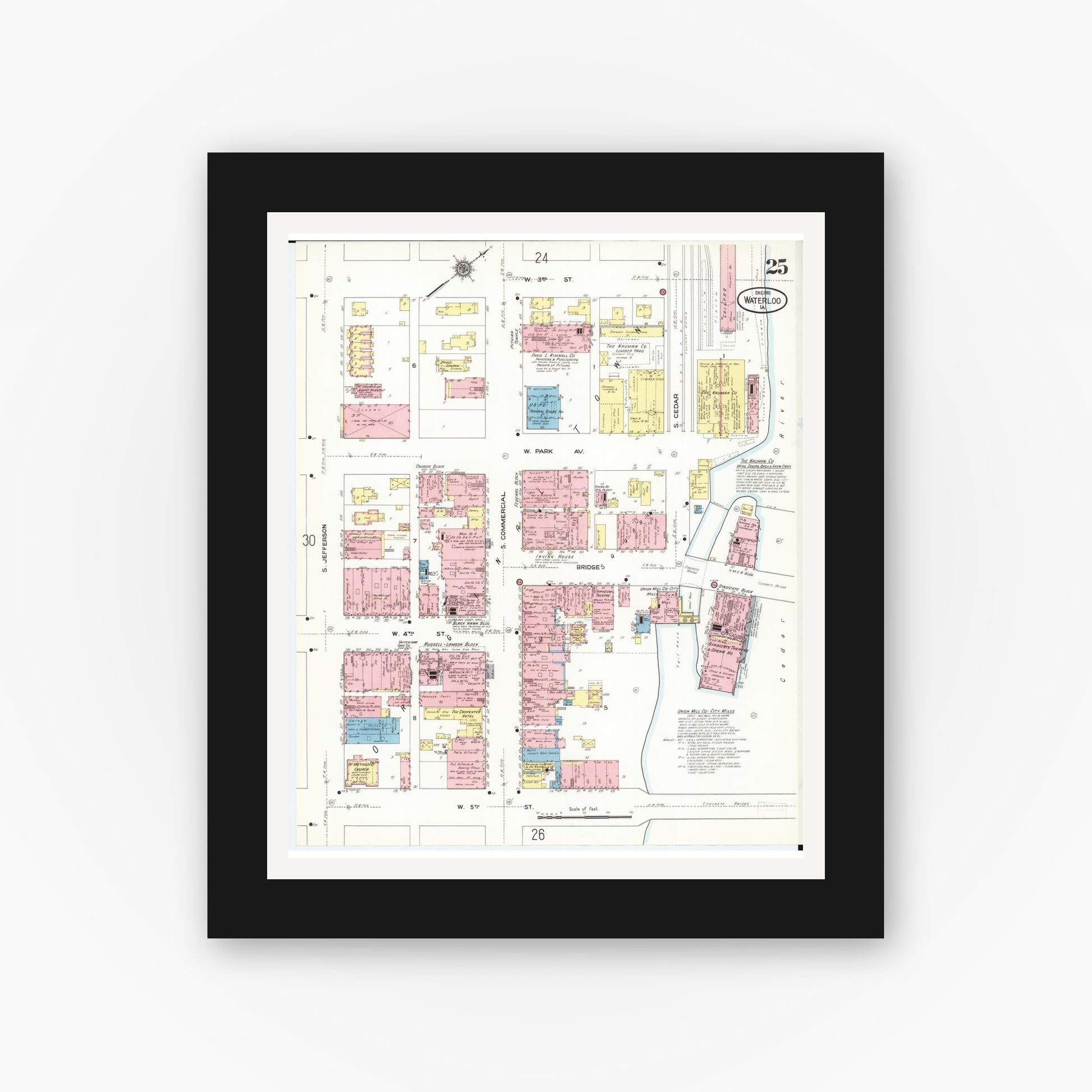 Old map wall art mockup — black gallery frame with white mat — Sanborn Fire Insurance Map from Waterloo, Black Hawk County, Iowa (1910), Sheet #0025