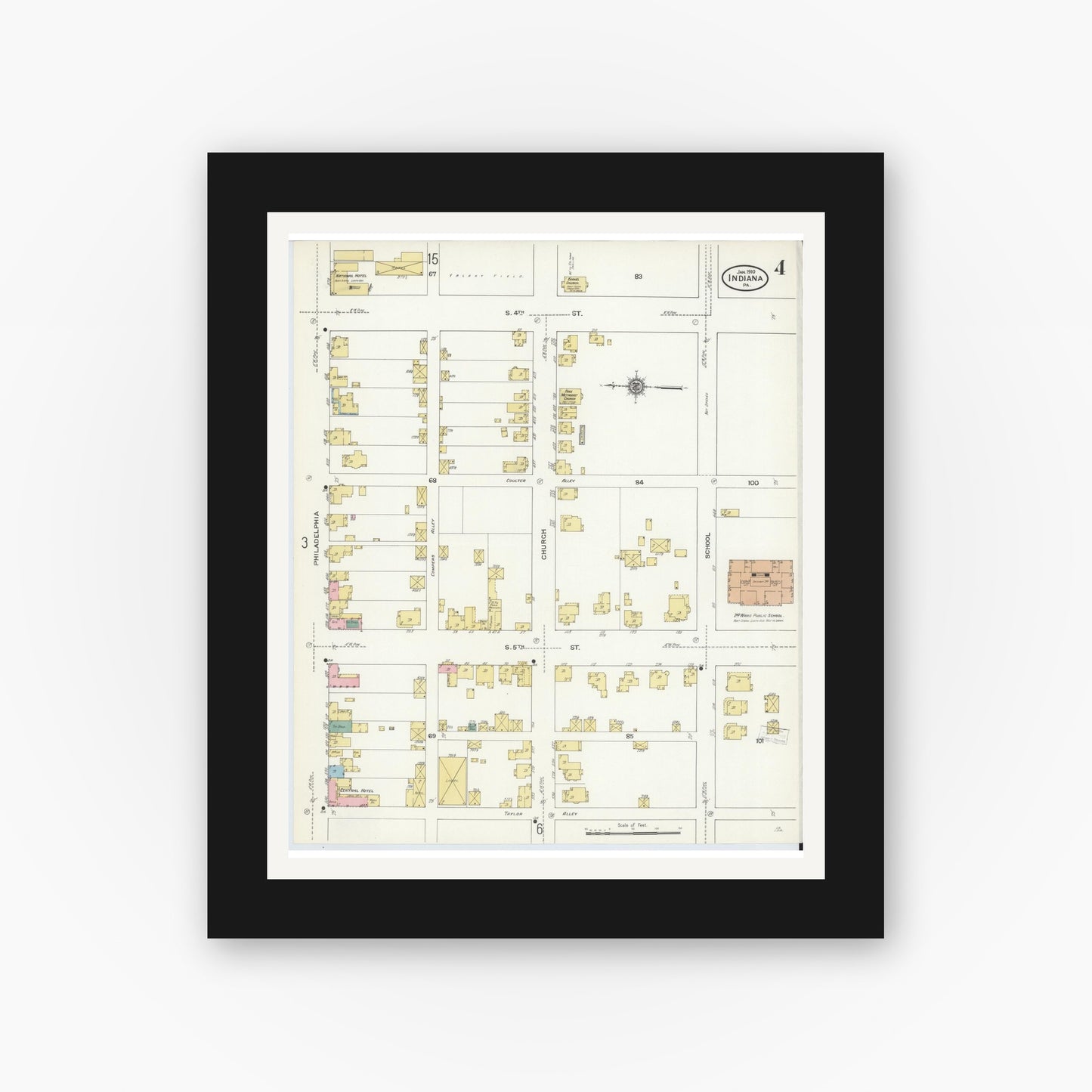 Old map wall art mockup — black gallery frame with white mat — Sanborn Fire Insurance Map from Indiana, Indiana County, Pennsylvania (1910), Sheet #0004