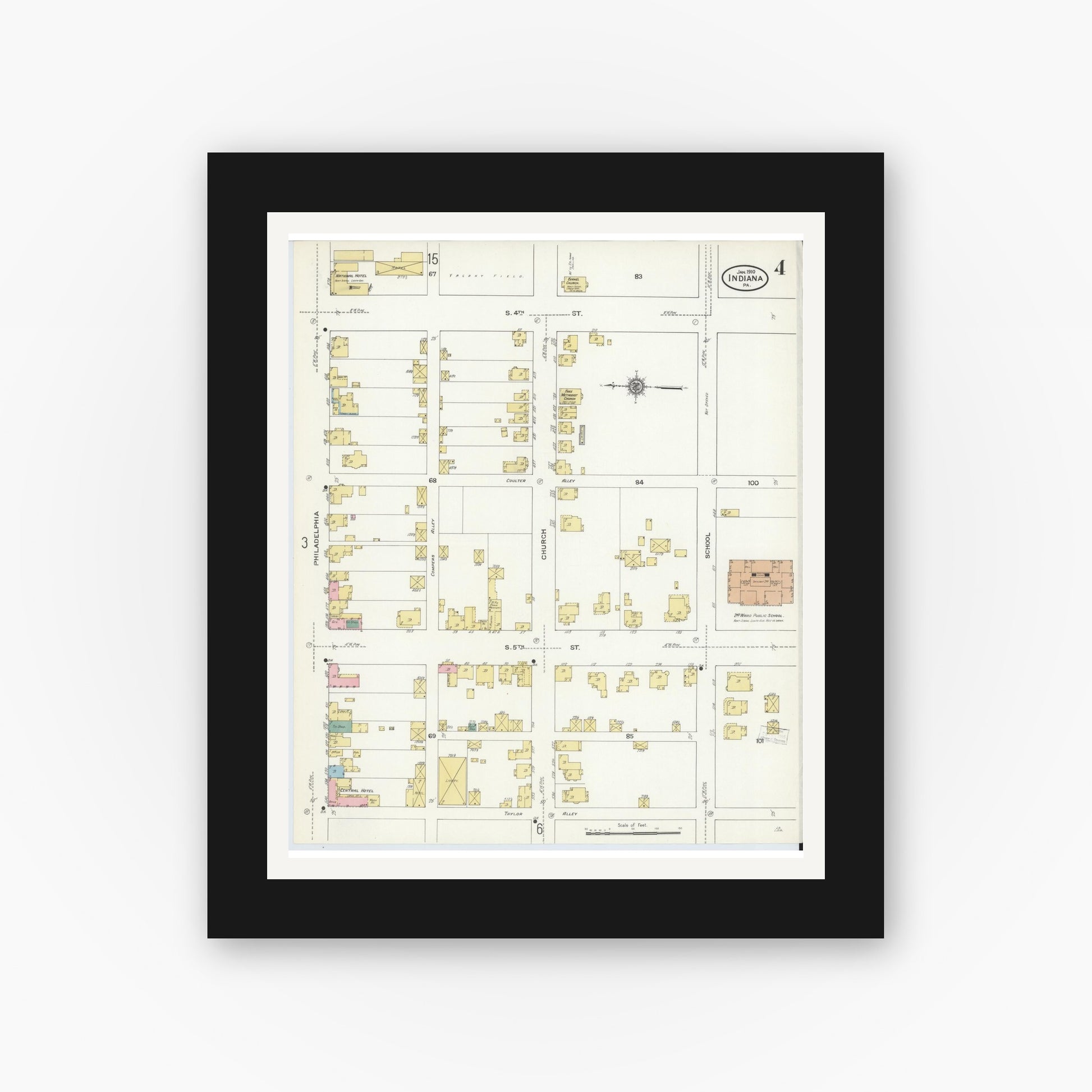 Old map wall art mockup — black gallery frame with white mat — Sanborn Fire Insurance Map from Indiana, Indiana County, Pennsylvania (1910), Sheet #0004