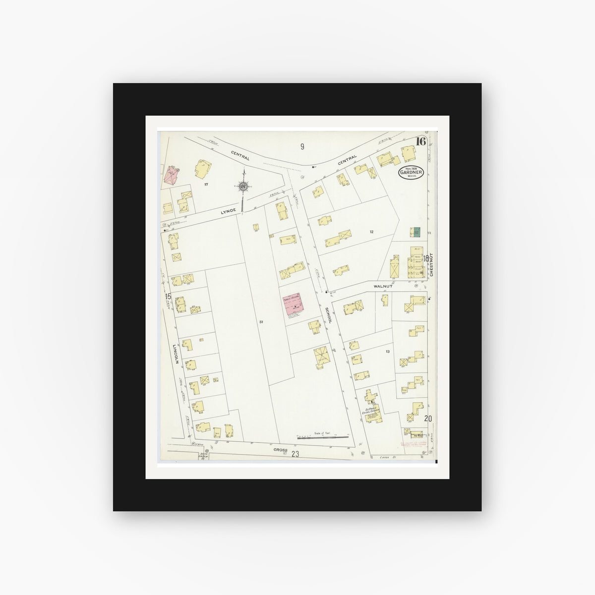 Old map wall art mockup — black gallery frame with white mat — Sanborn Fire Insurance Map from Gardner, Worcester County, Massachusetts (1909), Sheet #0016