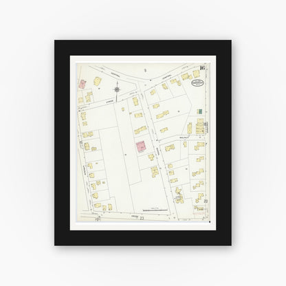 Old map wall art mockup — black gallery frame with white mat — Sanborn Fire Insurance Map from Gardner, Worcester County, Massachusetts (1909), Sheet #0016