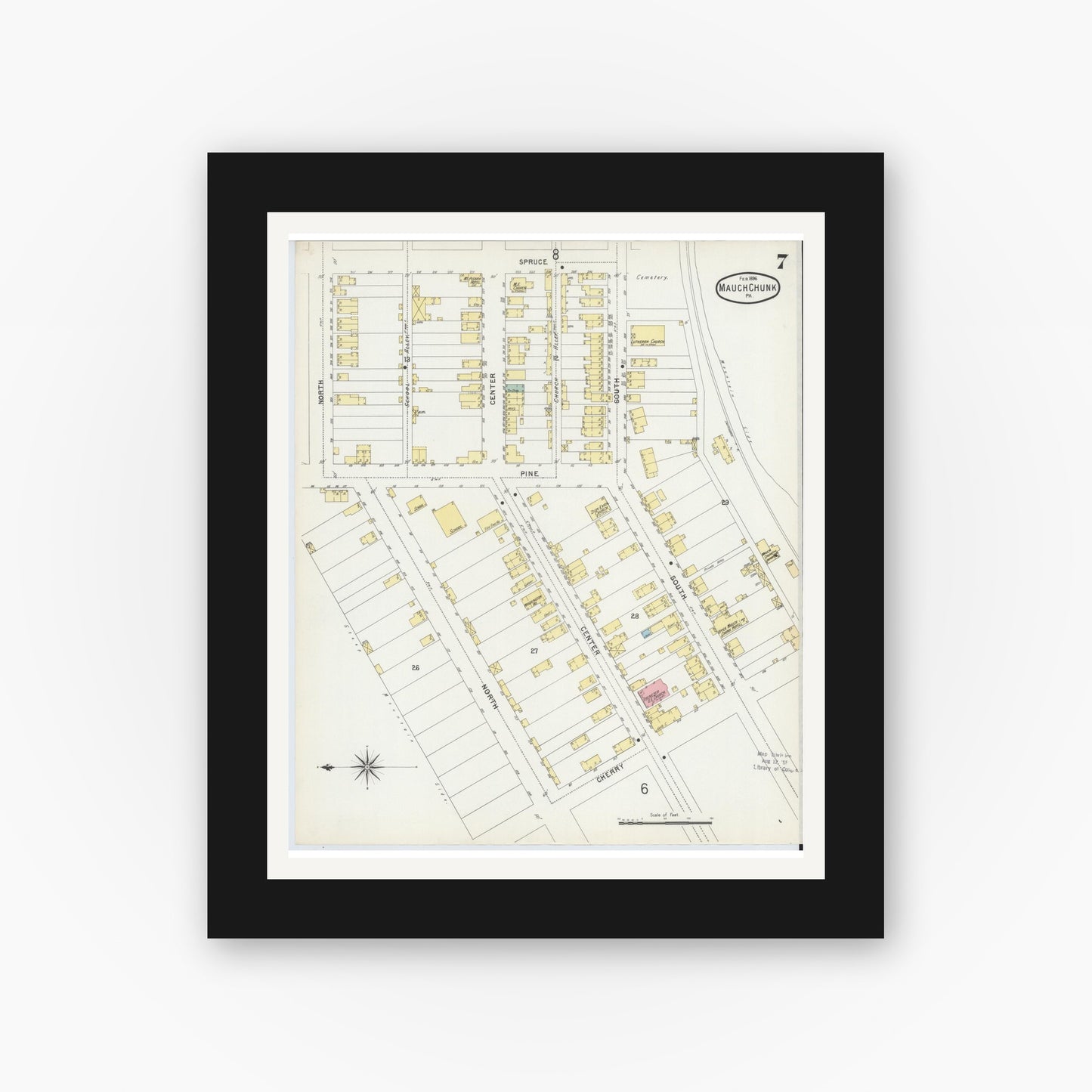 Old map wall art mockup — black gallery frame with white mat — Sanborn Fire Insurance Map from Mauch Chunk, Carbon County, Pennsylvania (1896), Sheet #0007