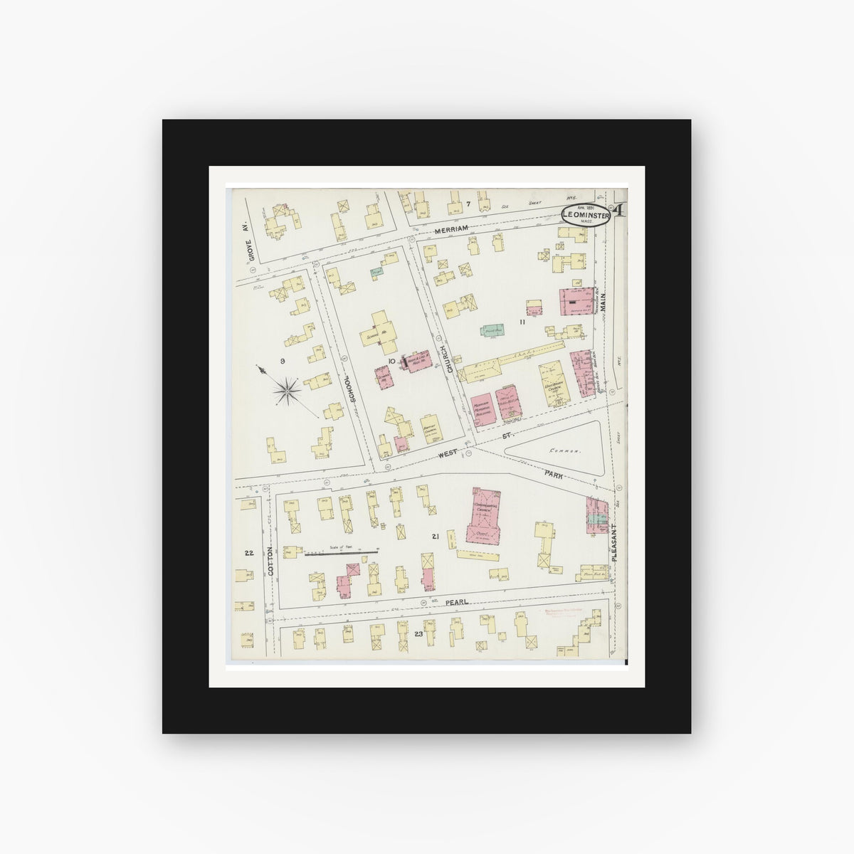Old map wall art mockup — black gallery frame with white mat — Sanborn Fire Insurance Map from Leominster, Worcester County, Massachusetts (1891), Sheet #0004