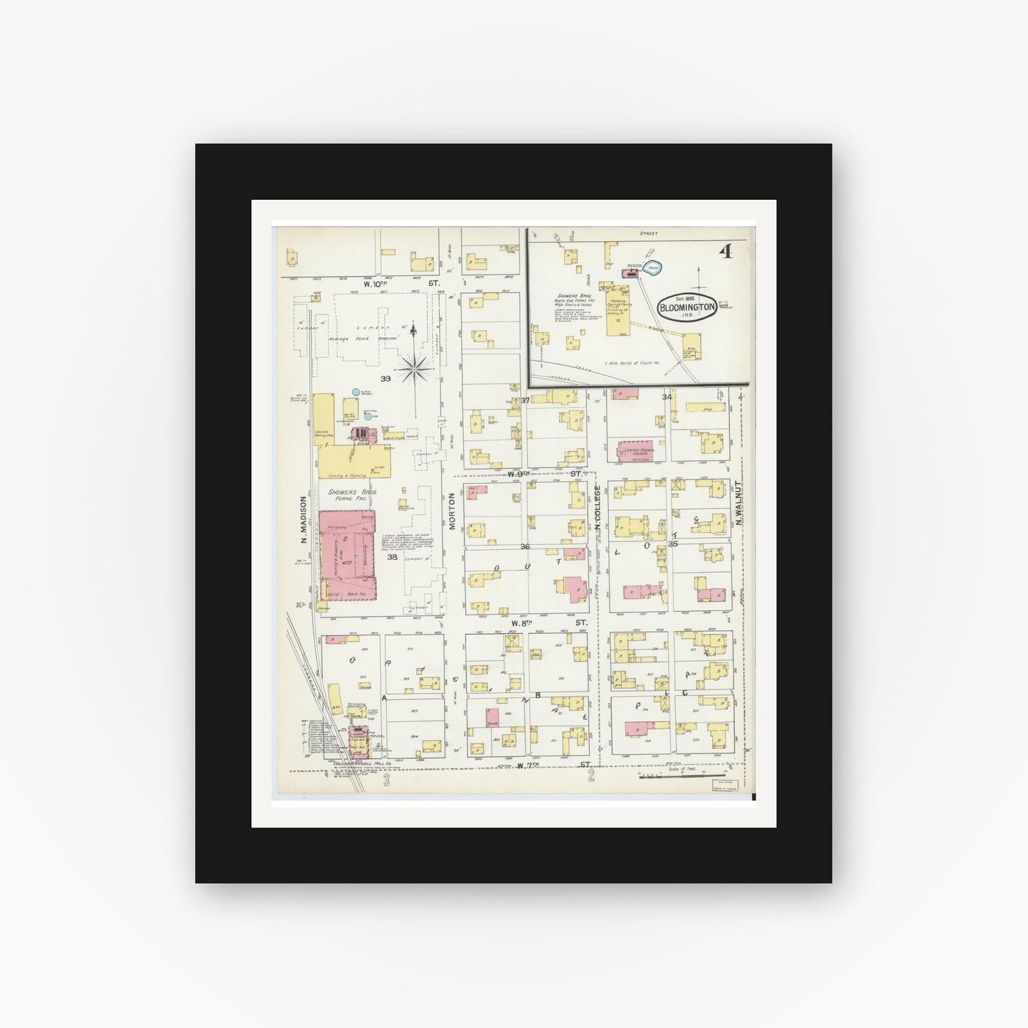 Old map wall art mockup — black gallery frame with white mat — Sanborn Fire Insurance Map from Bloomington, Monroe County, Indiana (1892), Sheet #0004