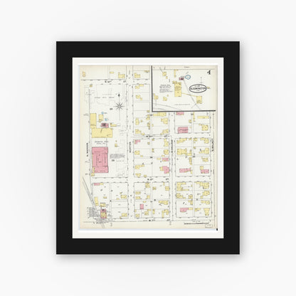 Old map wall art mockup — black gallery frame with white mat — Sanborn Fire Insurance Map from Bloomington, Monroe County, Indiana (1892), Sheet #0004