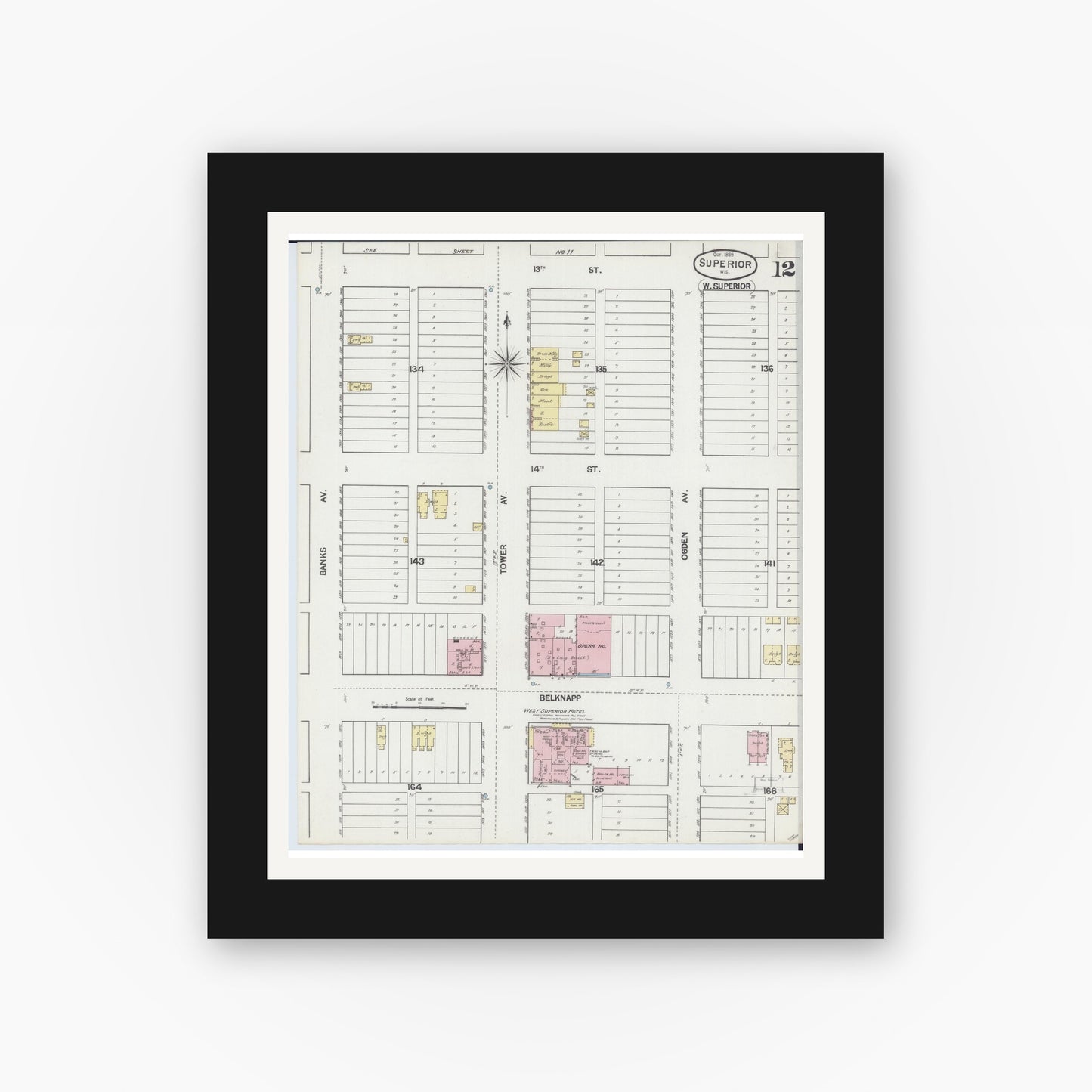 Old map wall art mockup — black gallery frame with white mat — Sanborn Fire Insurance Map from Superior, Douglas County, Wisconsin (1889), Sheet #0012