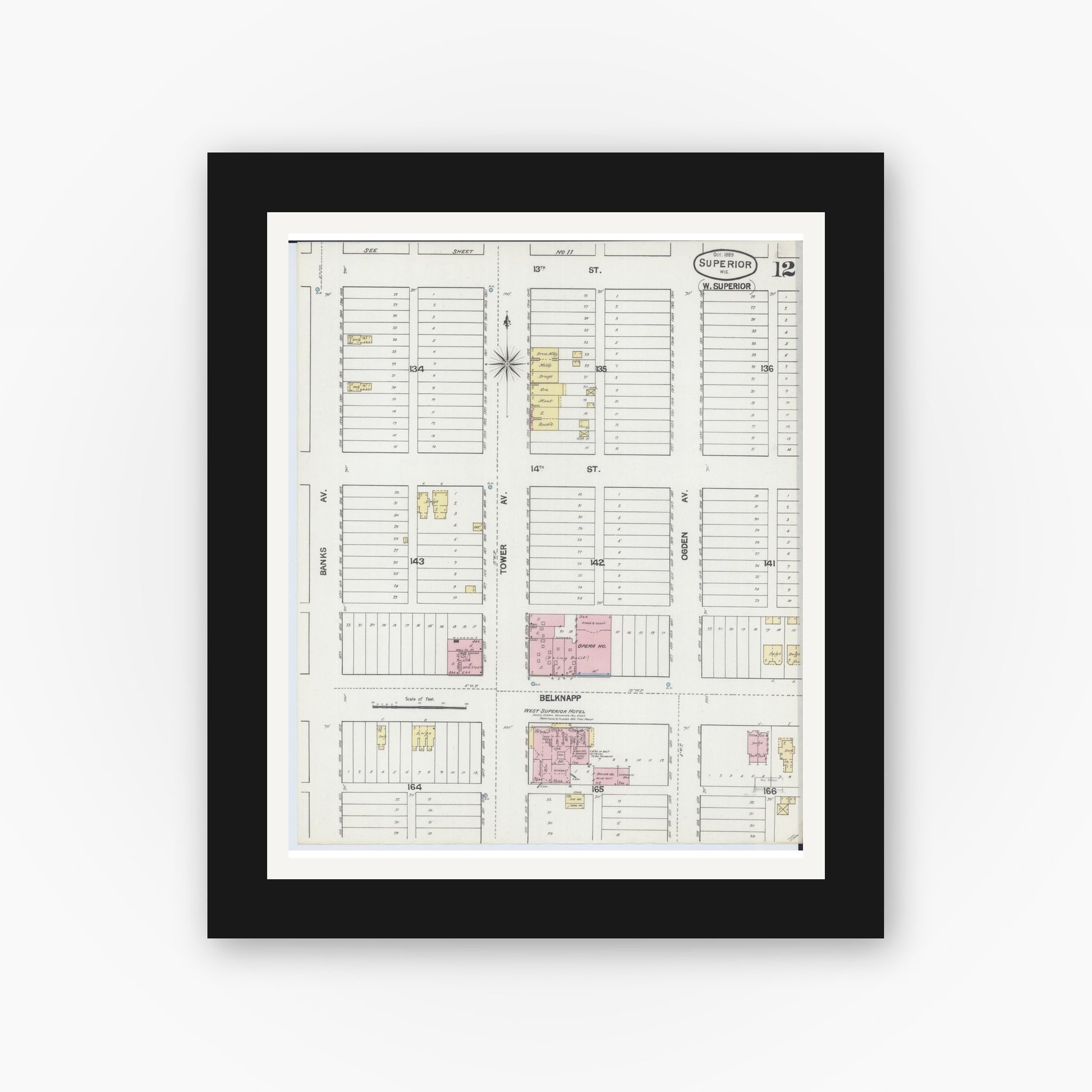 Old map wall art mockup — black gallery frame with white mat — Sanborn Fire Insurance Map from Superior, Douglas County, Wisconsin (1889), Sheet #0012