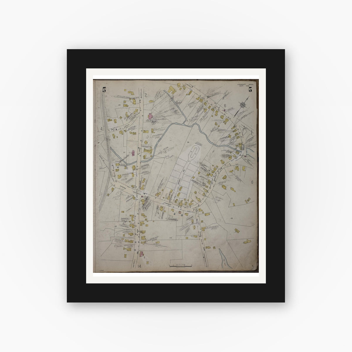 Old map wall art mockup — black gallery frame with white mat — Sanborn Fire Insurance Map from Cohasset, Norfolk County, Massachusetts (1952), Sheet #0005