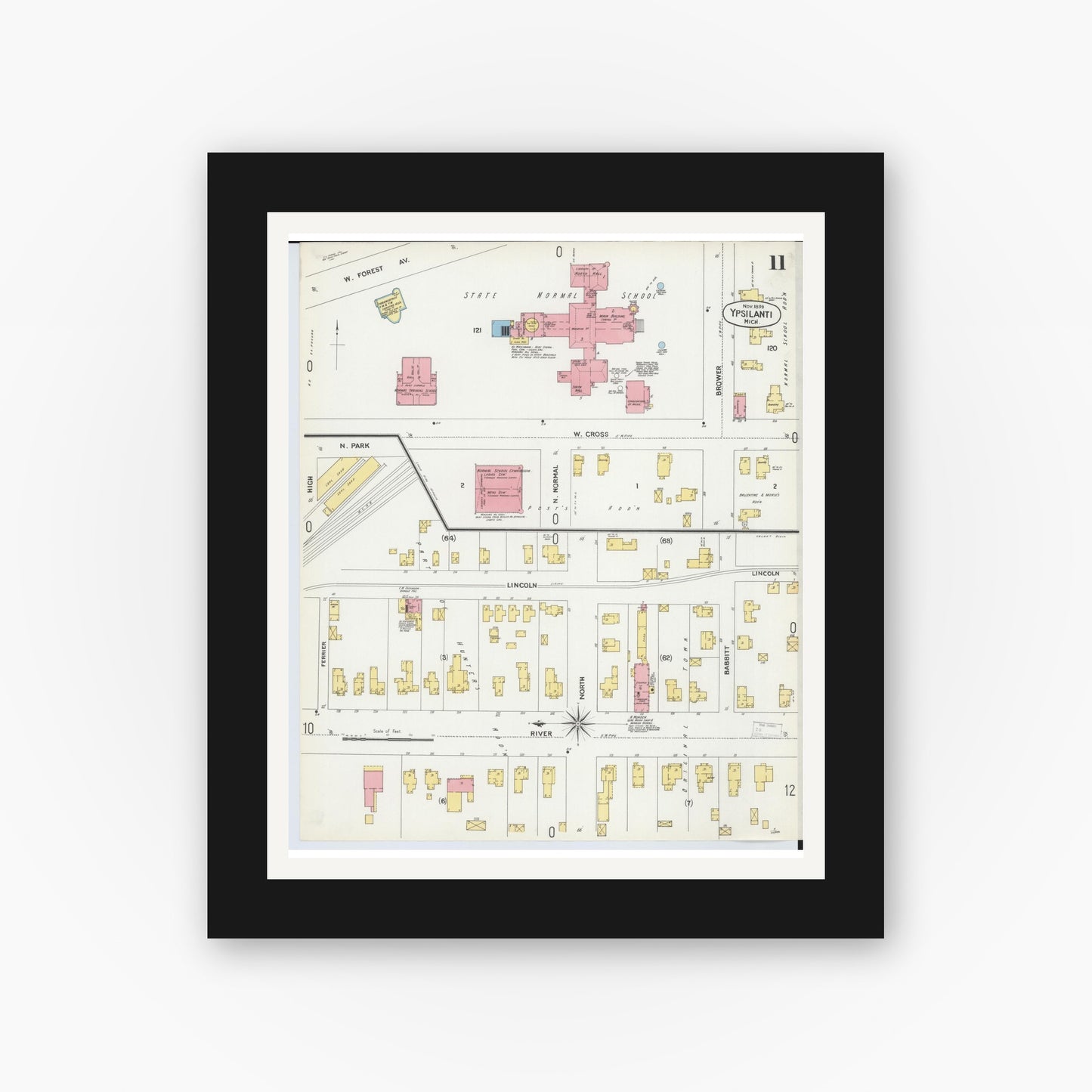 Old map wall art mockup — black gallery frame with white mat — Sanborn Fire Insurance Map from Ypsilanti, Washtenaw County, Michigan (1899), Sheet #0011