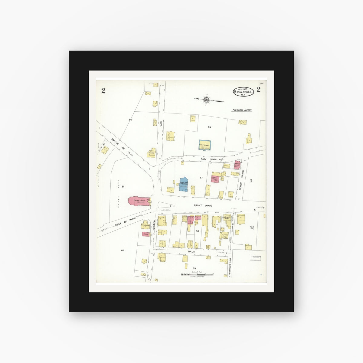 Old map wall art mockup — black gallery frame with white mat — Sanborn Fire Insurance Map from Bernardsville, Somerset County, New Jersey (1923), Sheet #0002