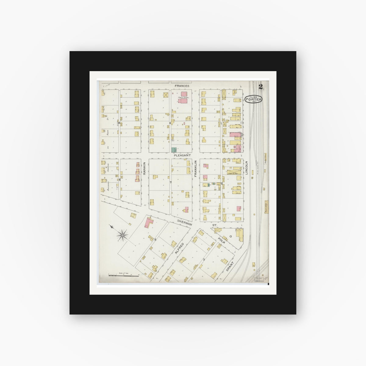 Old map wall art mockup — black gallery frame with white mat — Sanborn Fire Insurance Map from Porter, Porter County, Indiana (1893), Sheet #0002