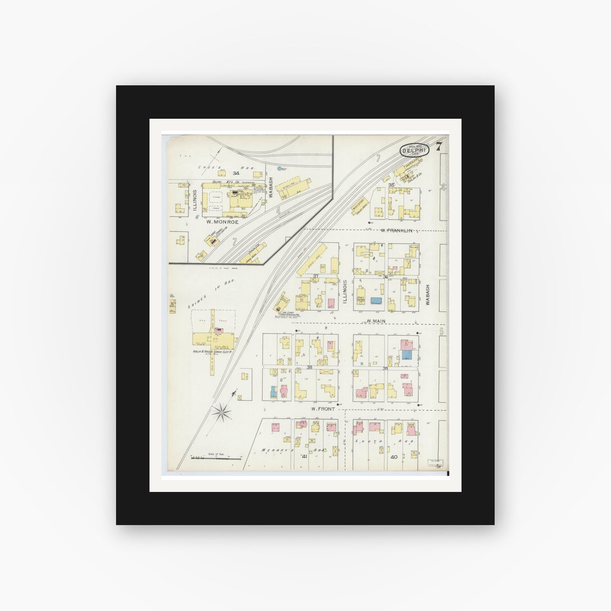 Old map wall art mockup — black gallery frame with white mat — Sanborn Fire Insurance Map from Delphi, Carroll County, Indiana (1893), Sheet #0007