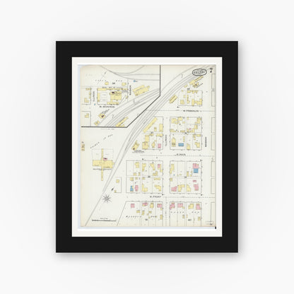 Old map wall art mockup — black gallery frame with white mat — Sanborn Fire Insurance Map from Delphi, Carroll County, Indiana (1893), Sheet #0007