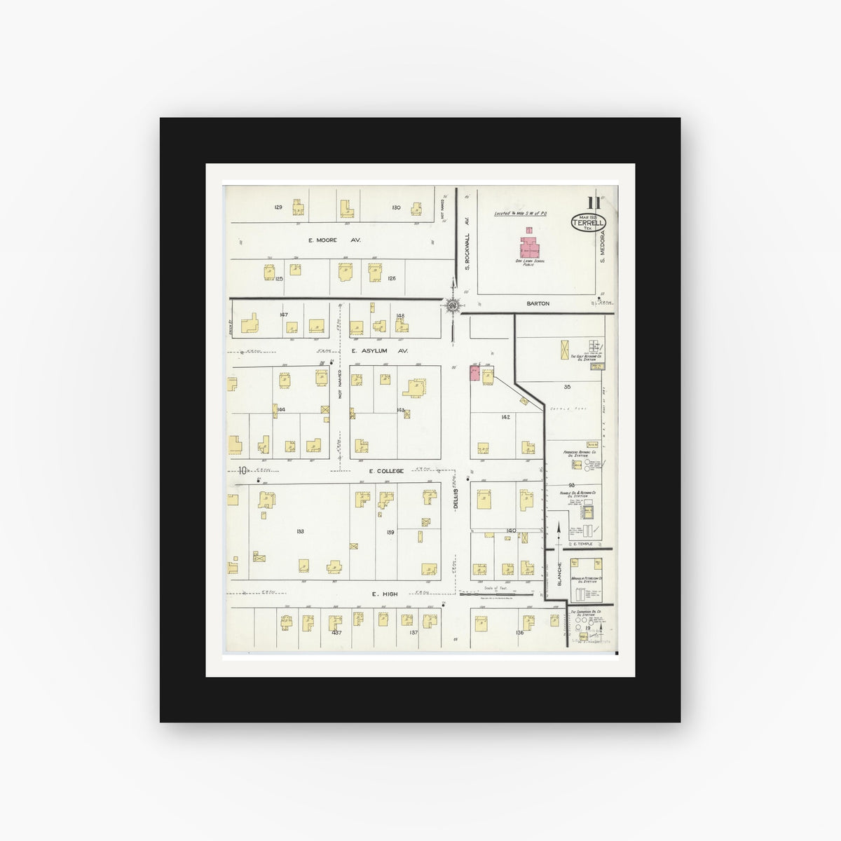Old map wall art mockup — black gallery frame with white mat — Sanborn Fire Insurance Map from Terrell, Kaufman County, Texas (1921), Sheet #0011