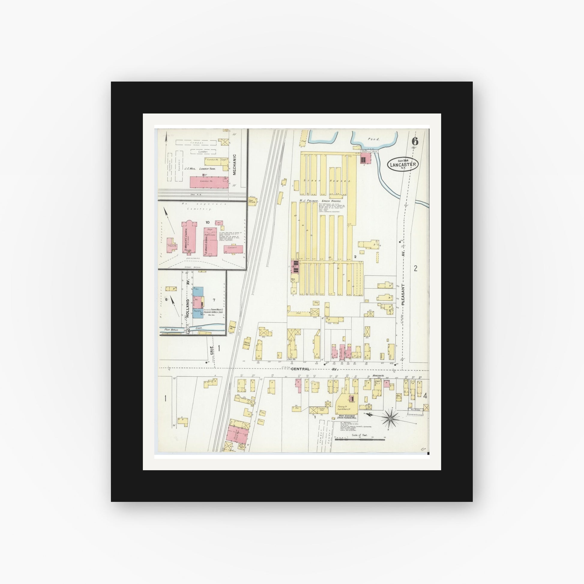 Old map wall art mockup — black gallery frame with white mat — Sanborn Fire Insurance Map from Lancaster, Erie County, New York (1904), Sheet #0006