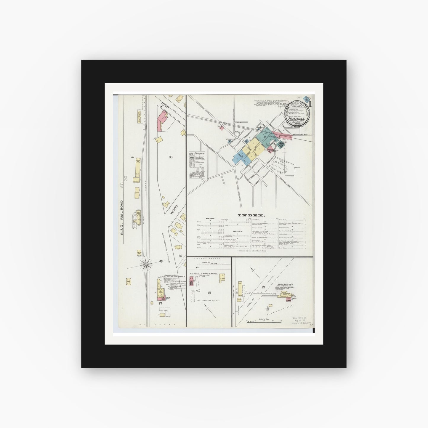 Old map wall art mockup — black gallery frame with white mat — Sanborn Fire Insurance Map from Hicksville, Defiance County, Ohio (1893) - Complete Map Set