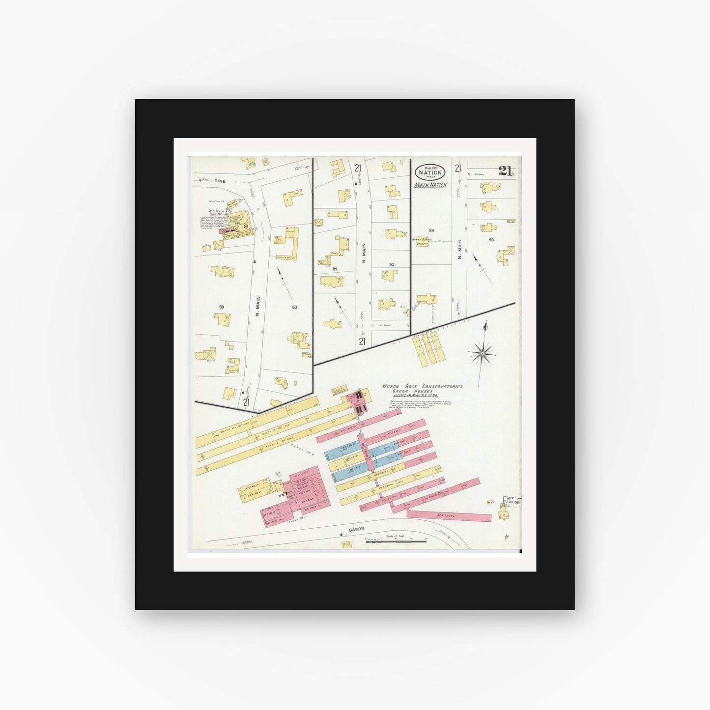 Old map wall art mockup — black gallery frame with white mat — Sanborn Fire Insurance Map from Natick, Middlesex County, Massachusetts (1909), Sheet #0021