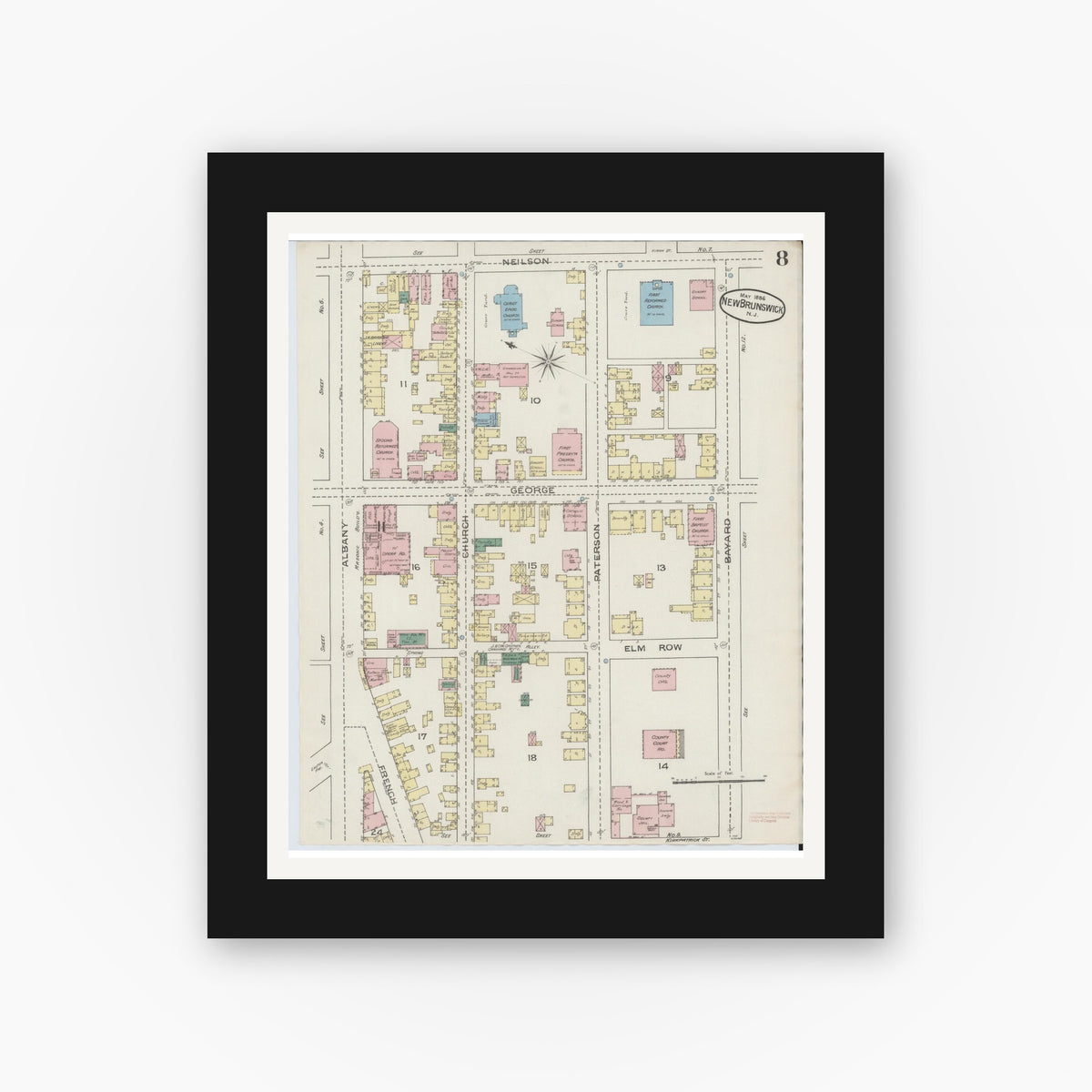 Old map wall art mockup — black gallery frame with white mat — Sanborn Fire Insurance Map from New Brunswick, Middlesex County, New Jersey (1886), Sheet #0008