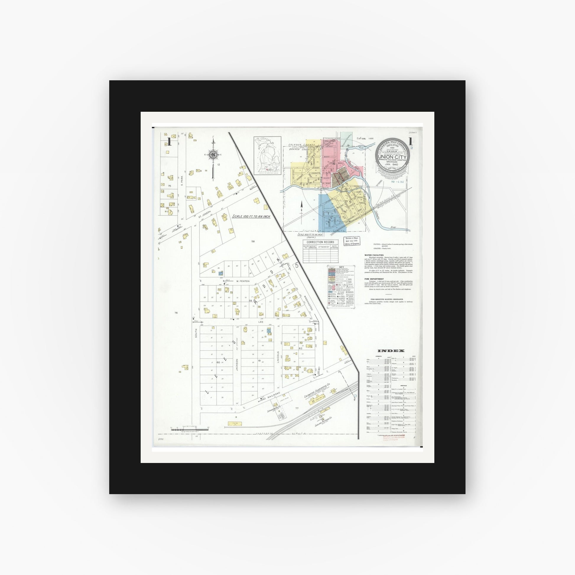 Old map wall art mockup — black gallery frame with white mat — Sanborn Fire Insurance Map from Union City, Branch And Calhoun Counties, Michigan (1940), Sheet #0001