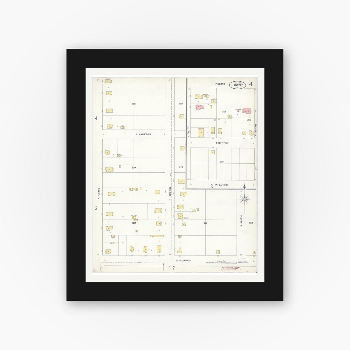Old map wall art mockup — black gallery frame with white mat — Sanborn Fire Insurance Map from Hanford, Kings County, California (1905), Sheet #0004