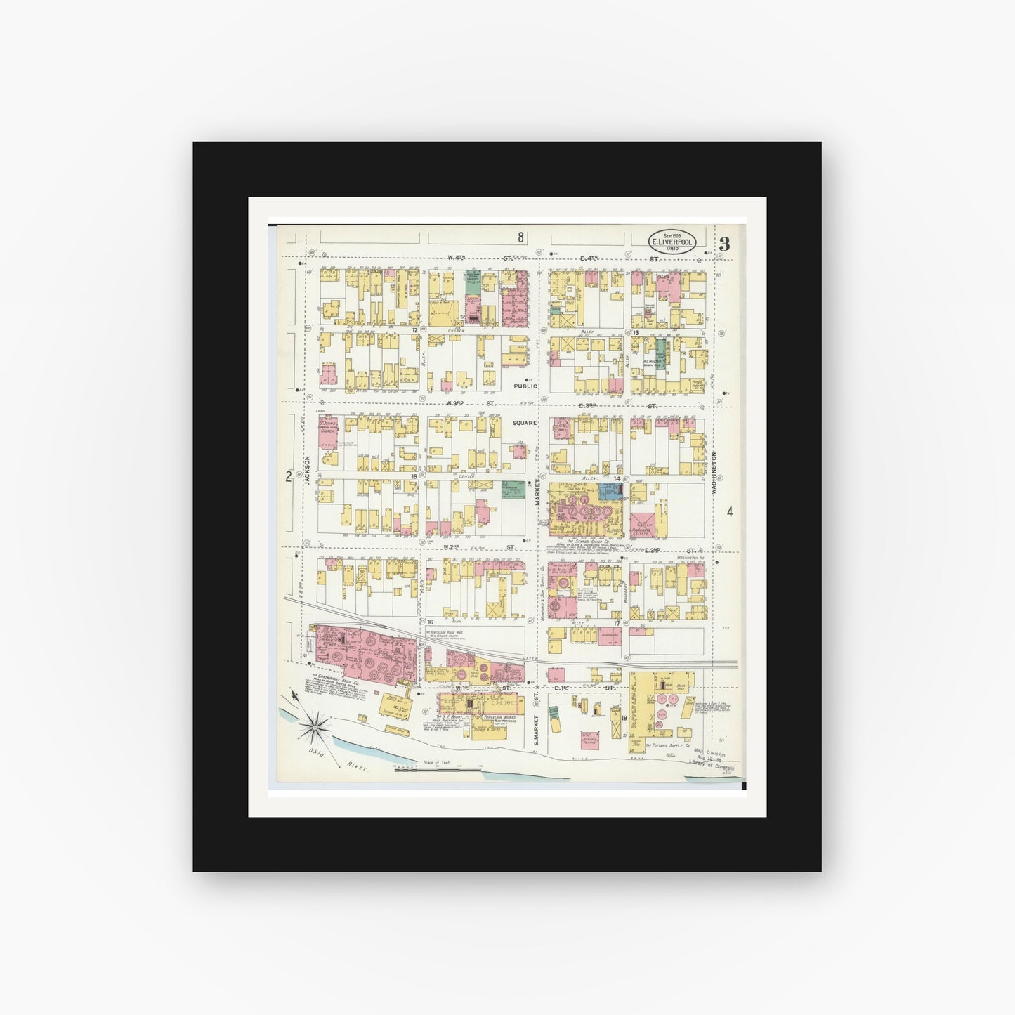 Old map wall art mockup — black gallery frame with white mat — Sanborn Fire Insurance Map from East Liverpool, Columbiana County, Ohio (1903), Sheet #0003