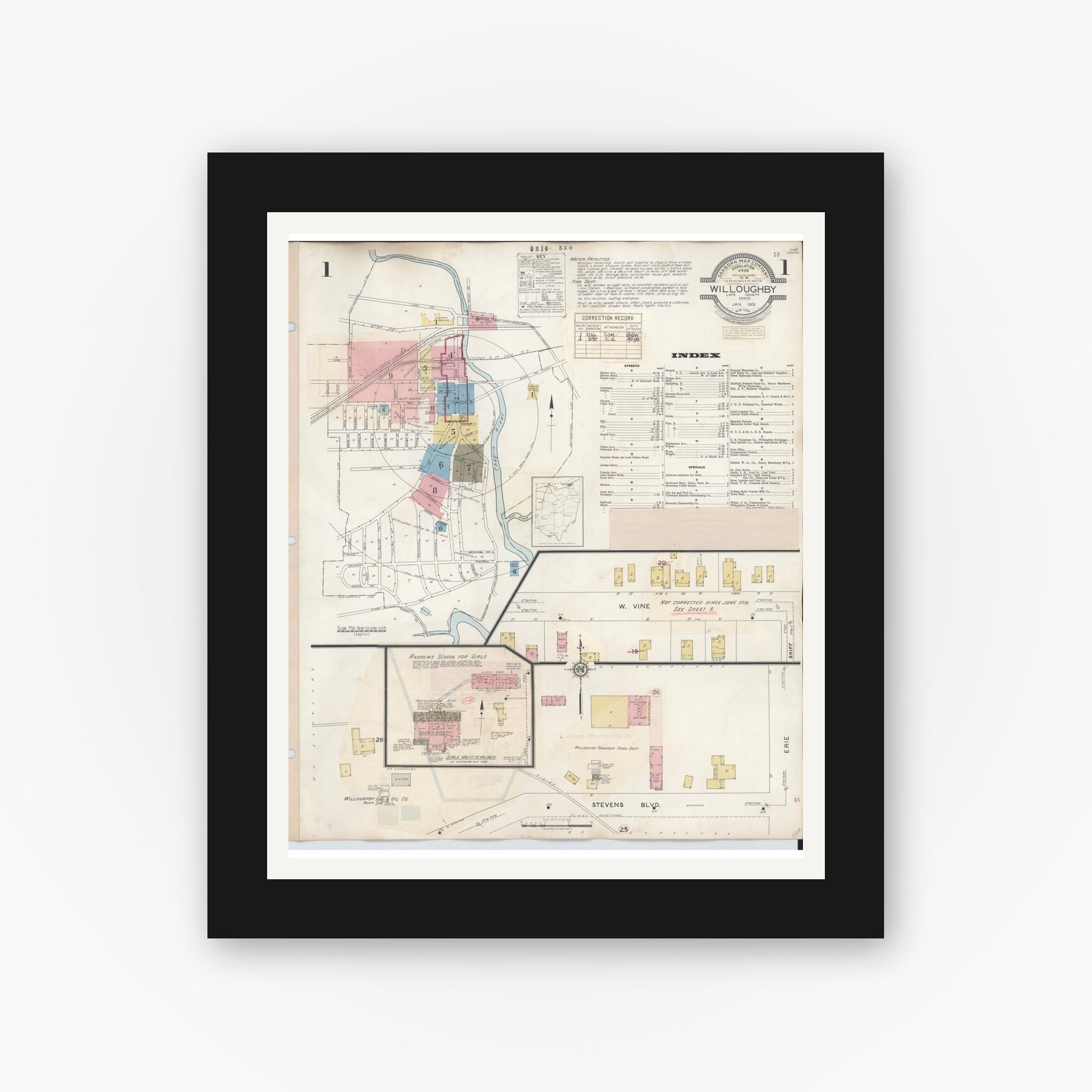 Old map wall art mockup — black gallery frame with white mat — Sanborn Fire Insurance Map from Willoughby, Lake County, Ohio (1943), Sheet #0001