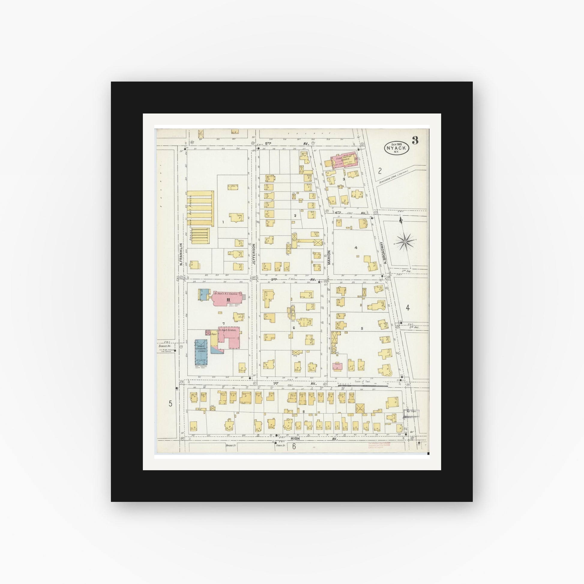 Old map wall art mockup — black gallery frame with white mat — Sanborn Fire Insurance Map from Nyack, Rockland County, New York. (1903), Sheet #0003