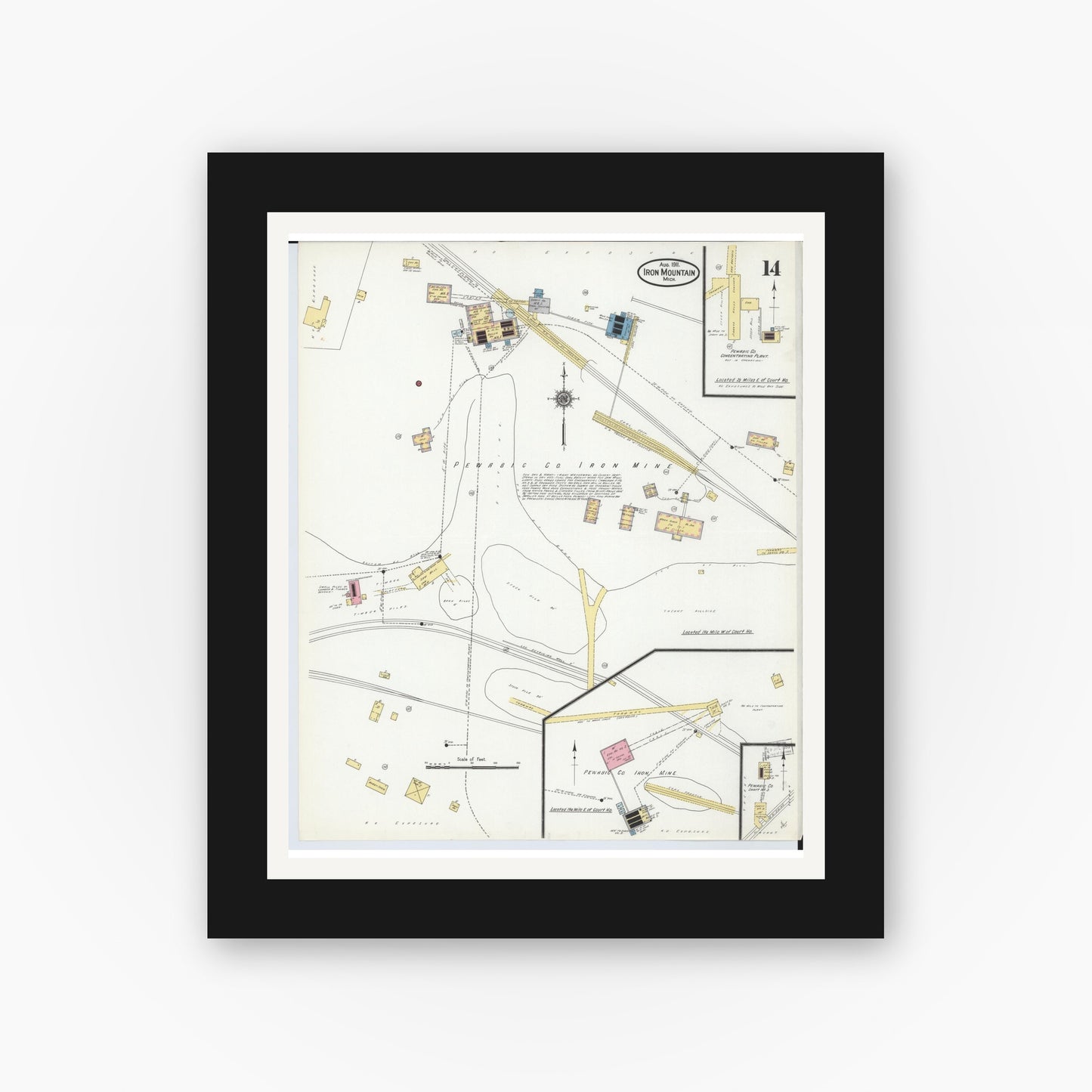 Old map wall art mockup — black gallery frame with white mat — Sanborn Fire Insurance Map from Iron Mountain, Dickinson County, Michigan (1911), Sheet #0014