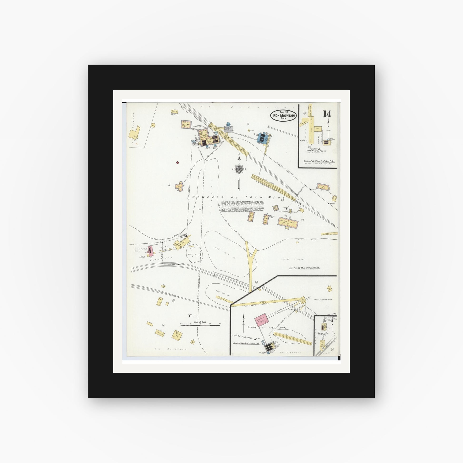 Old map wall art mockup — black gallery frame with white mat — Sanborn Fire Insurance Map from Iron Mountain, Dickinson County, Michigan (1911), Sheet #0014