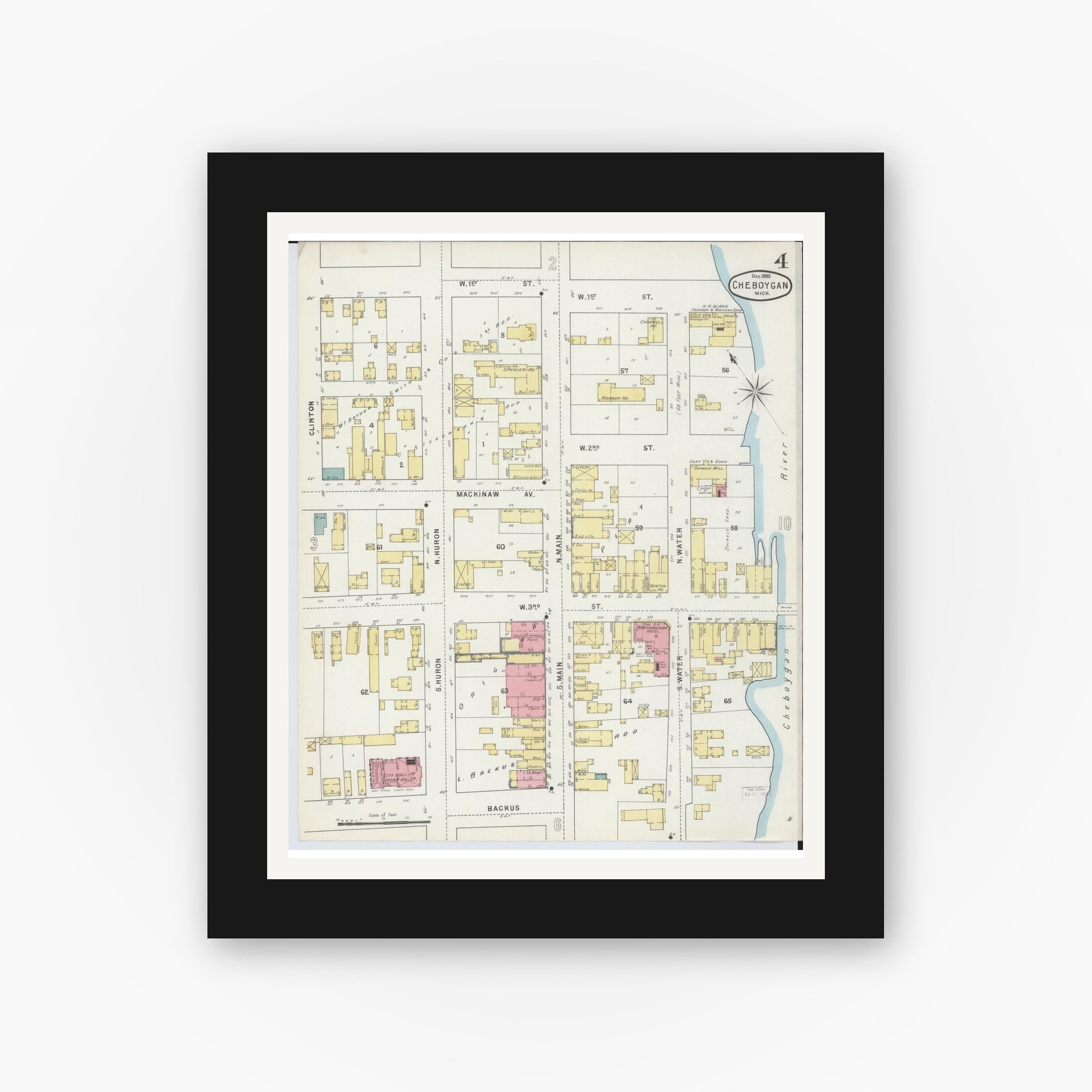 Old map wall art mockup — black gallery frame with white mat — Sanborn Fire Insurance Map from Cheboygan, Cheboygan County, Michigan (1895), Sheet #0004