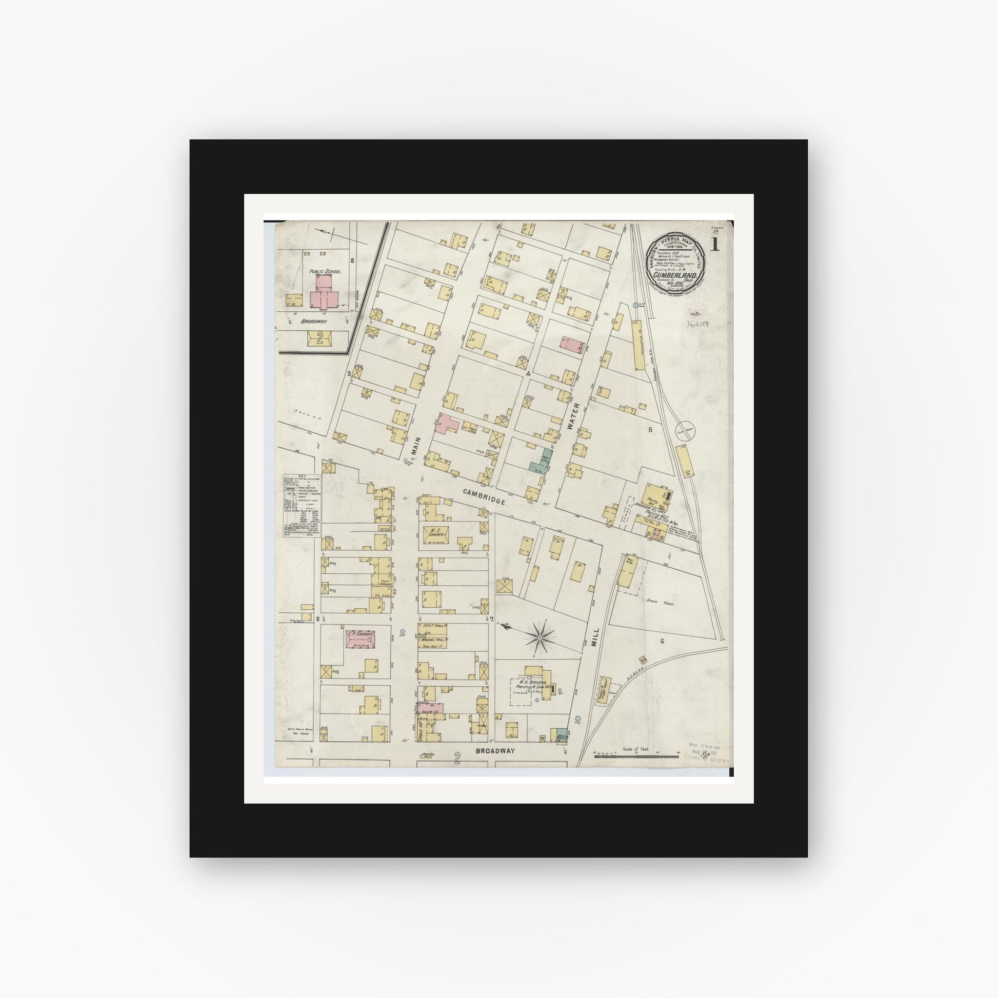 Old map wall art mockup — black gallery frame with white mat — Sanborn Fire Insurance Map from Cumberland, Guernsey County, Ohio (1895), Sheet #0001