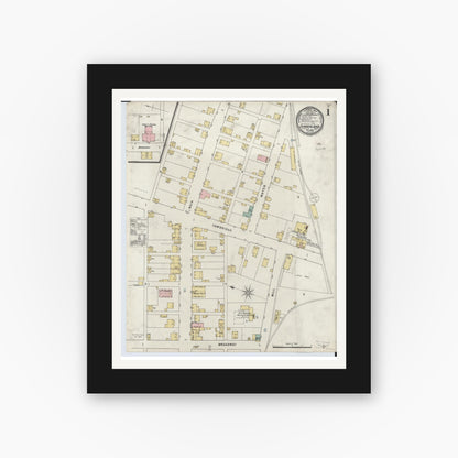 Old map wall art mockup — black gallery frame with white mat — Sanborn Fire Insurance Map from Cumberland, Guernsey County, Ohio (1895), Sheet #0001