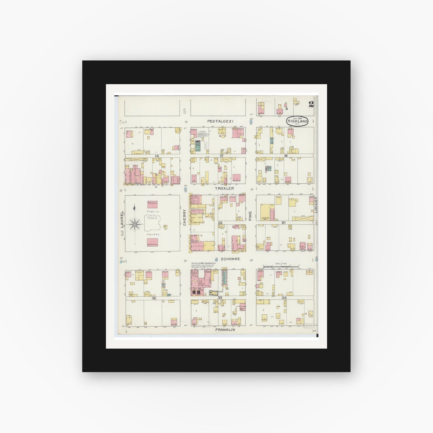 Old map wall art mockup — black gallery frame with white mat — Sanborn Fire Insurance Map from Highland, Madison County, Illinois (1894), Sheet #0002