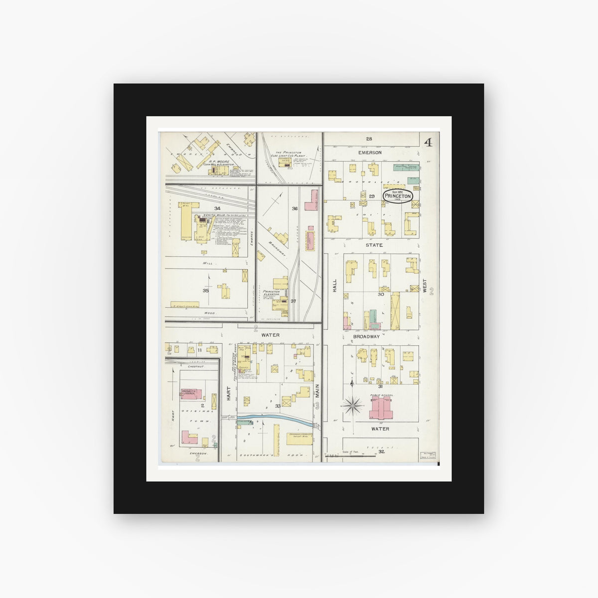 Old map wall art mockup — black gallery frame with white mat — Sanborn Fire Insurance Map from Princeton, Gibson County, Indiana (1892), Sheet #0004