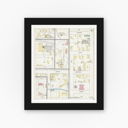 Old map wall art mockup — black gallery frame with white mat — Sanborn Fire Insurance Map from Princeton, Gibson County, Indiana (1892), Sheet #0004