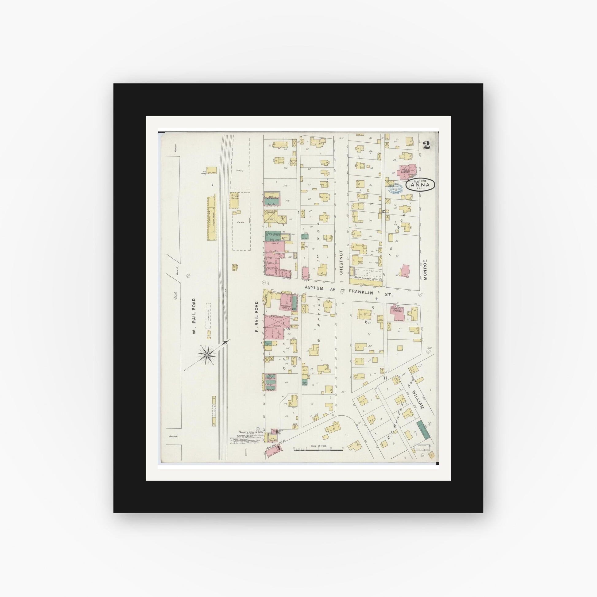 Old map wall art mockup — black gallery frame with white mat — Sanborn Fire Insurance Map from Anna, Union County, Illinois (1894), Sheet #0002