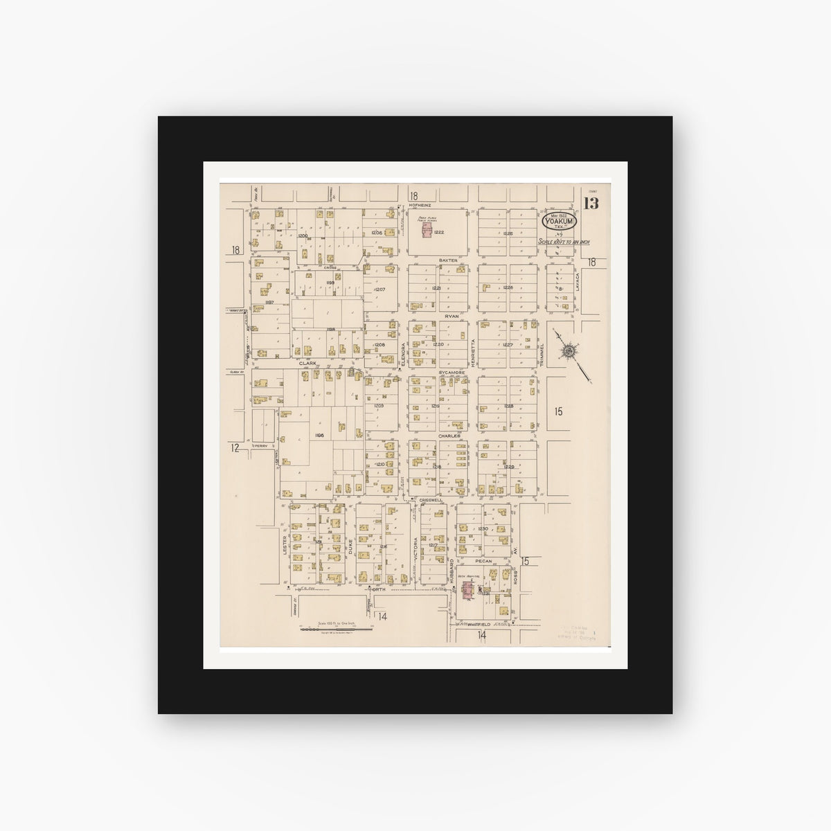 Old map wall art mockup — black gallery frame with white mat — Sanborn Fire Insurance Map from Yoakum, De Witt And Lavaca Counties, Texas (1922), Sheet #0013